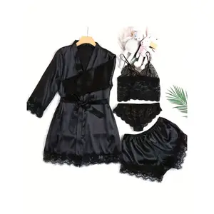 Women's floral lace camouflage four-piece pajama set, paired with an elegant robe, features soft and comfortable fabric, unique design, and is exquisite and stylish home wear