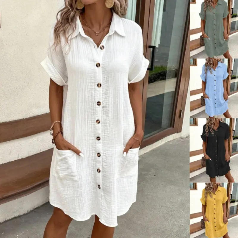 2026 European and American casual solid color single-breasted mid-length short-sleeved loose casual dress for women
