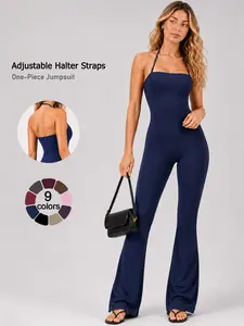 Women's Halter Neck Sleeveless Yoga Bodysuit Soft Nylon-Spandex Blend Flare Leg One-Piece Activewear for Daily Wear Outdoor Training & Fitness All Season High Waisted Jumpsuits