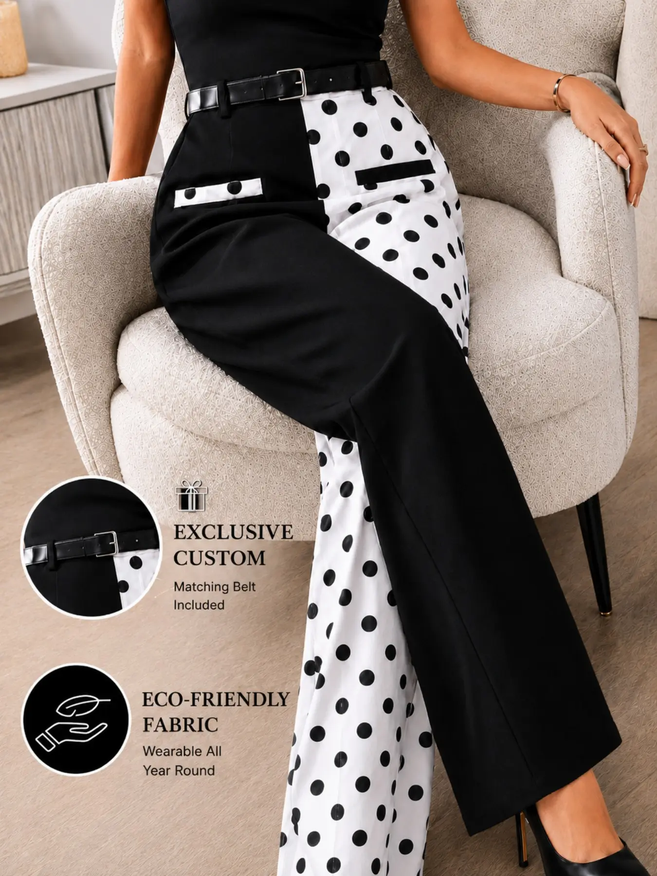 Plus Size Women’s High Waisted Straight Leg Pants, Business Casual Bottoms, Black and White Contrast Trousers with Matching Belt Included, Elegant Business Casual Workwear