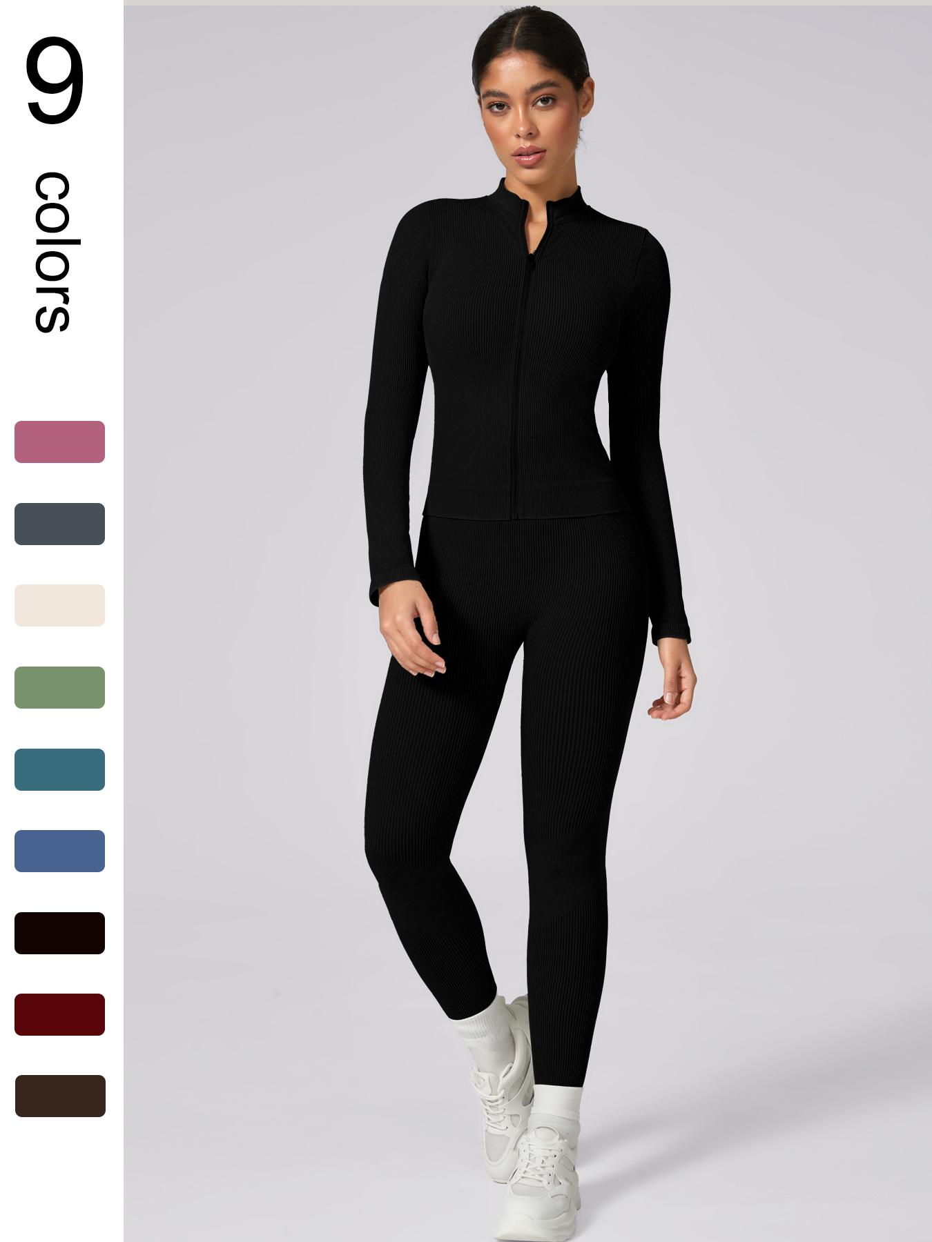 Women's Plain Tracksuit Set, Sports Zip Up Crop Jacket & High Waist Leggings, Ladies Spring & Fall Clothes, Gym Wear, Yoga Suit Outdoor