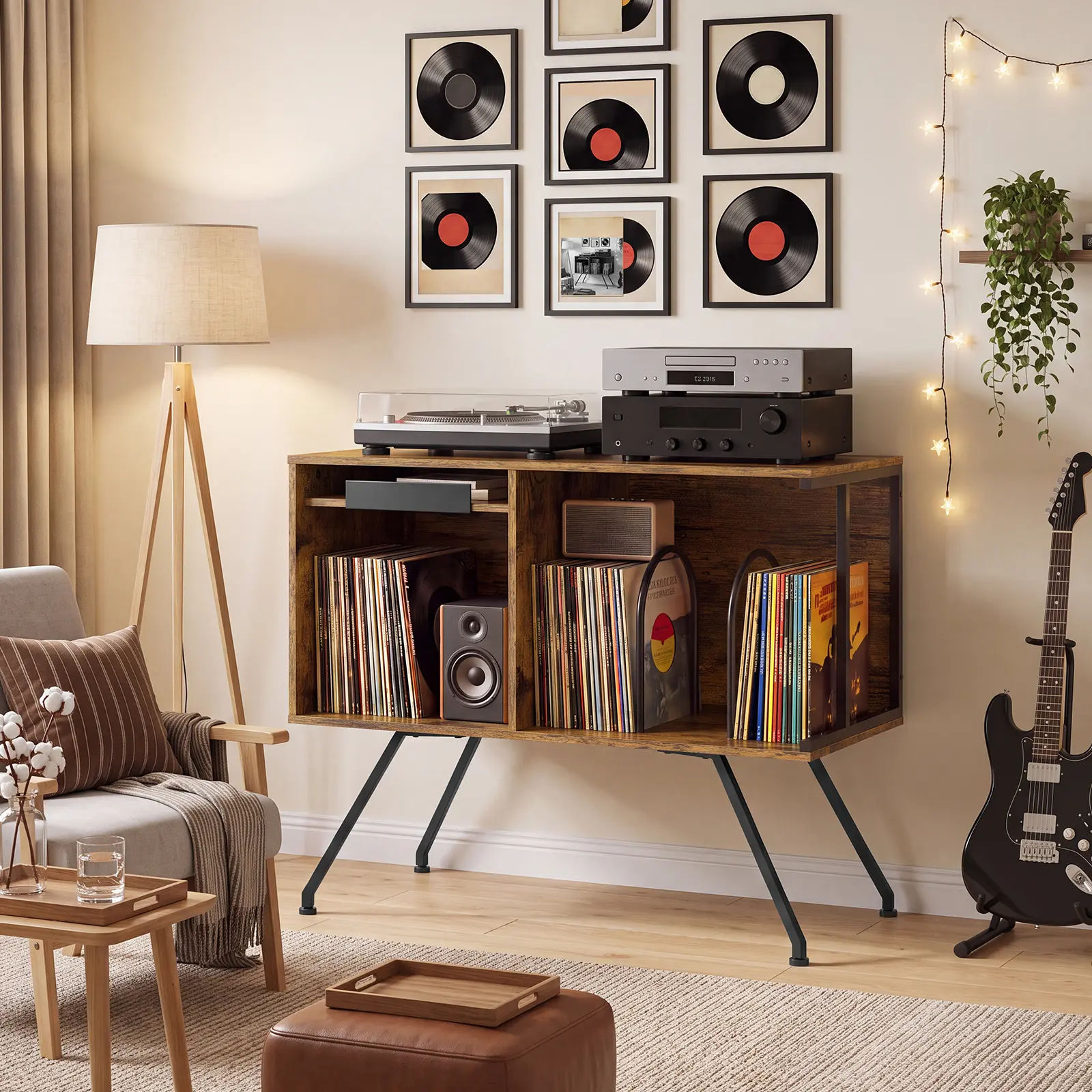 Mid Century Modern Flip-Top Turntable Stand – Retro Record Player Stereo Cabinet with Open Storage Shelves, Vintage Console Table for Vinyl Organization, 121 x 30 x 108 cm