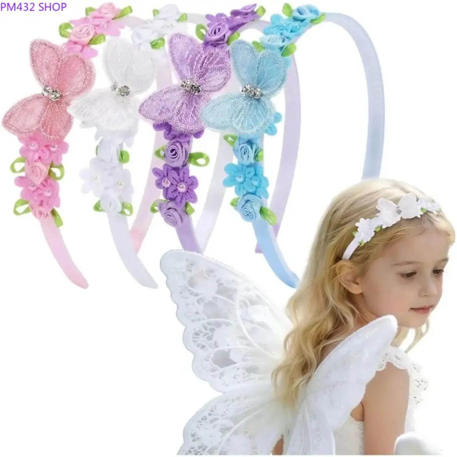 Princess Butterfly Lace Headband for Girls – Pearl Floral Handmade Hairband, Soft Cute Hair Accessory for School, Daily & Party Wear