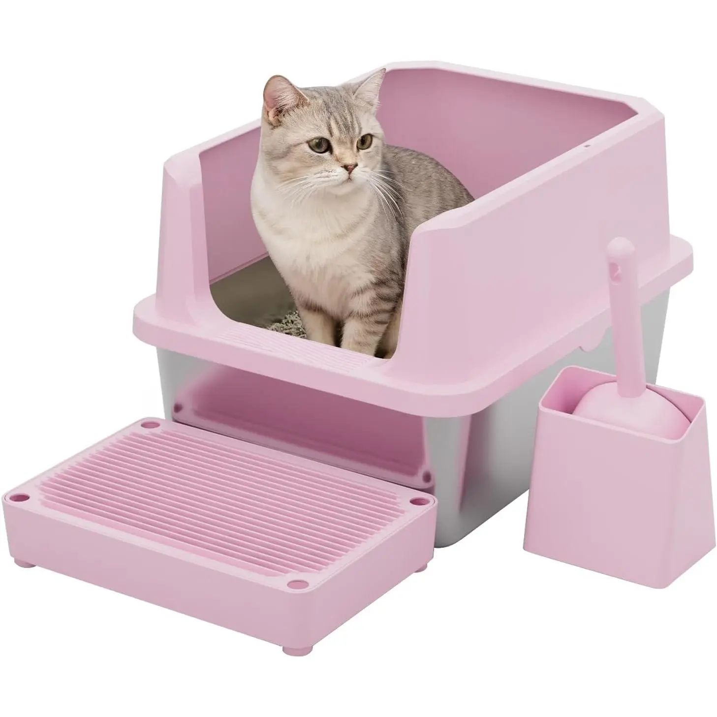 Pink Open-Top Cat Litter Box with Stainless Steel Pan - Extra-Large, Non-Porous & Easy Clean, High Sides Anti-Scatter, Includes Scoop, for Apartment Bathroom or Laundry Room