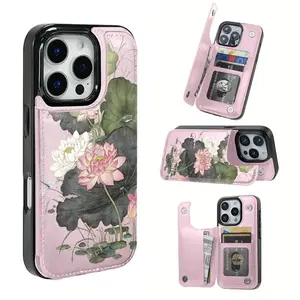 Lotus pattern leather multifunctional phone case, with built-in card slot design, can hold bank cards, transportation cards, etc., suitable for iPhone 16 Pro Max, iPhone 17/Air/16/15/14/13/12 Pro/11/XS Plus Max
