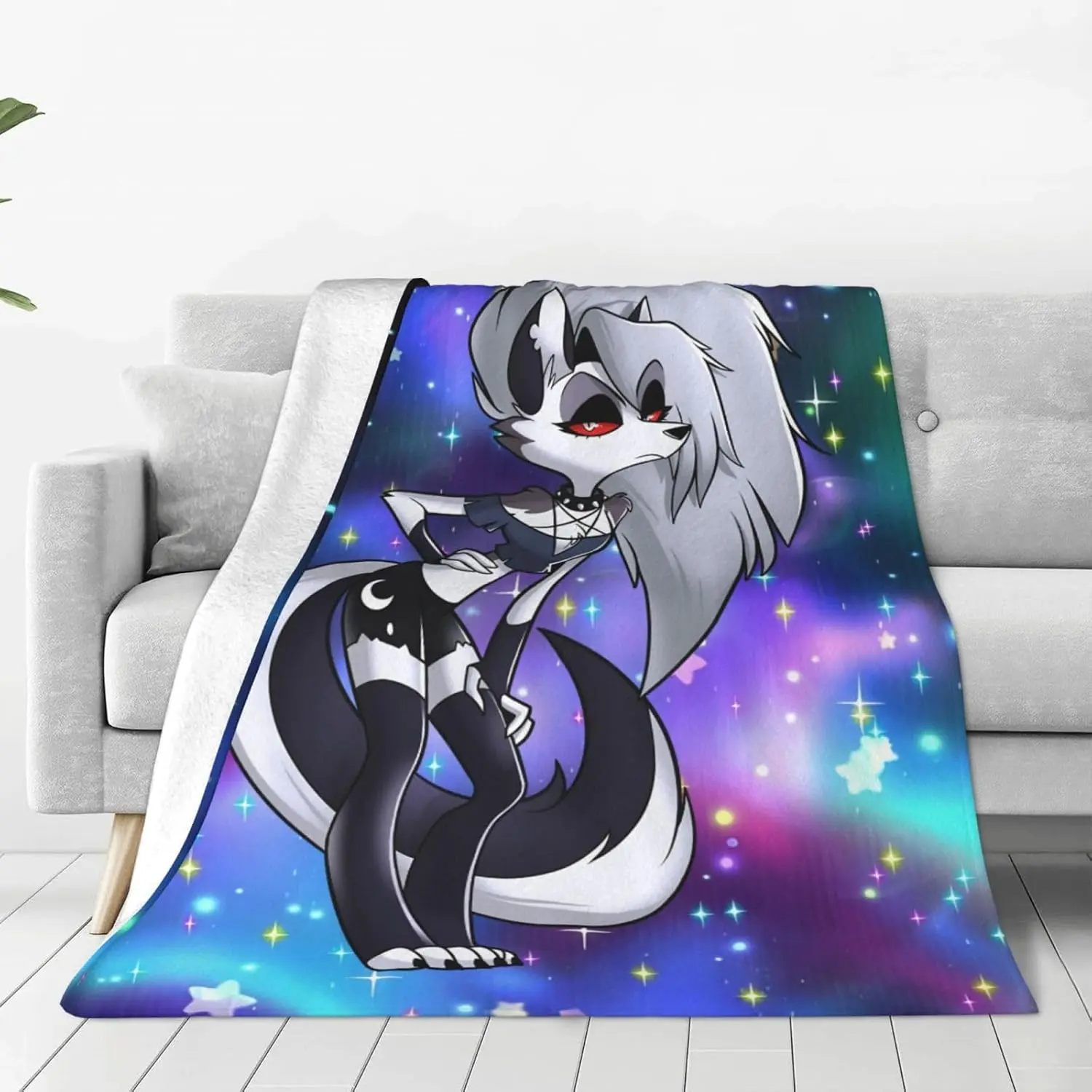 Helluva Boss Central Hand-On-Hip Full Body Loona Rainbow Gradient Galaxy Star Nebula Background Flannel Throw Blanket Gothic Furry Anime Girl Single Character Fan Soft Warm Blanket Gift for Teen Girls All Ages