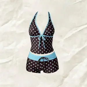 Blaze 2026 NEW 2PCS Retro Polka Dot Color-Block Two-Piece Swimsuit for Women, Halter Neck, Tummy-Covering, Slimming, Vacation Swimwear Set,Womenswear, Perfect for Pool Parties and Luxury Beach Vacations