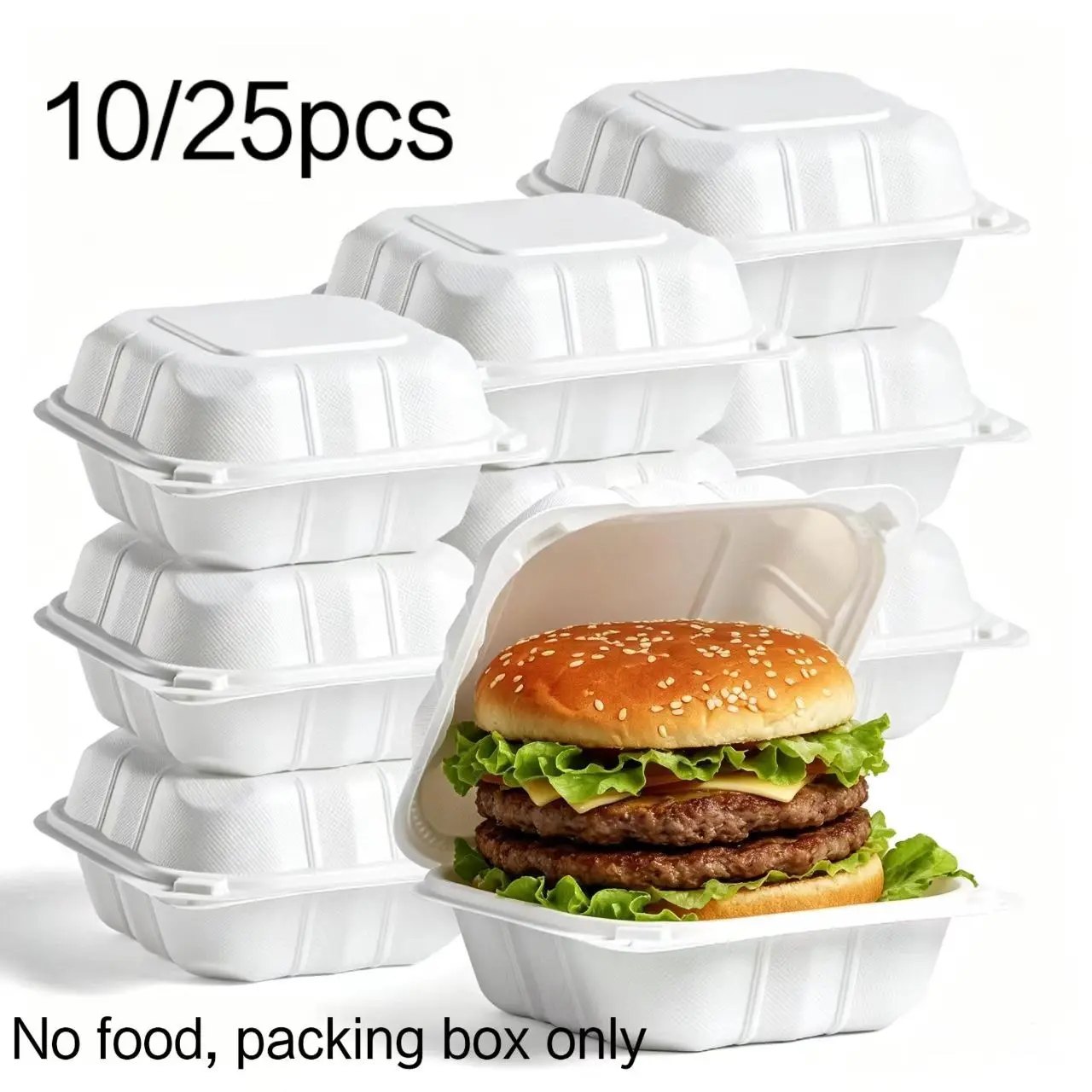 6 Inch 10/25 Count Burger Boxes, Compostable Shell, Natural Sugarcane Fiber, Takeout Food Containers, Biodegradable, Microwave Safe, Gluten-Free, Eco-Friendly