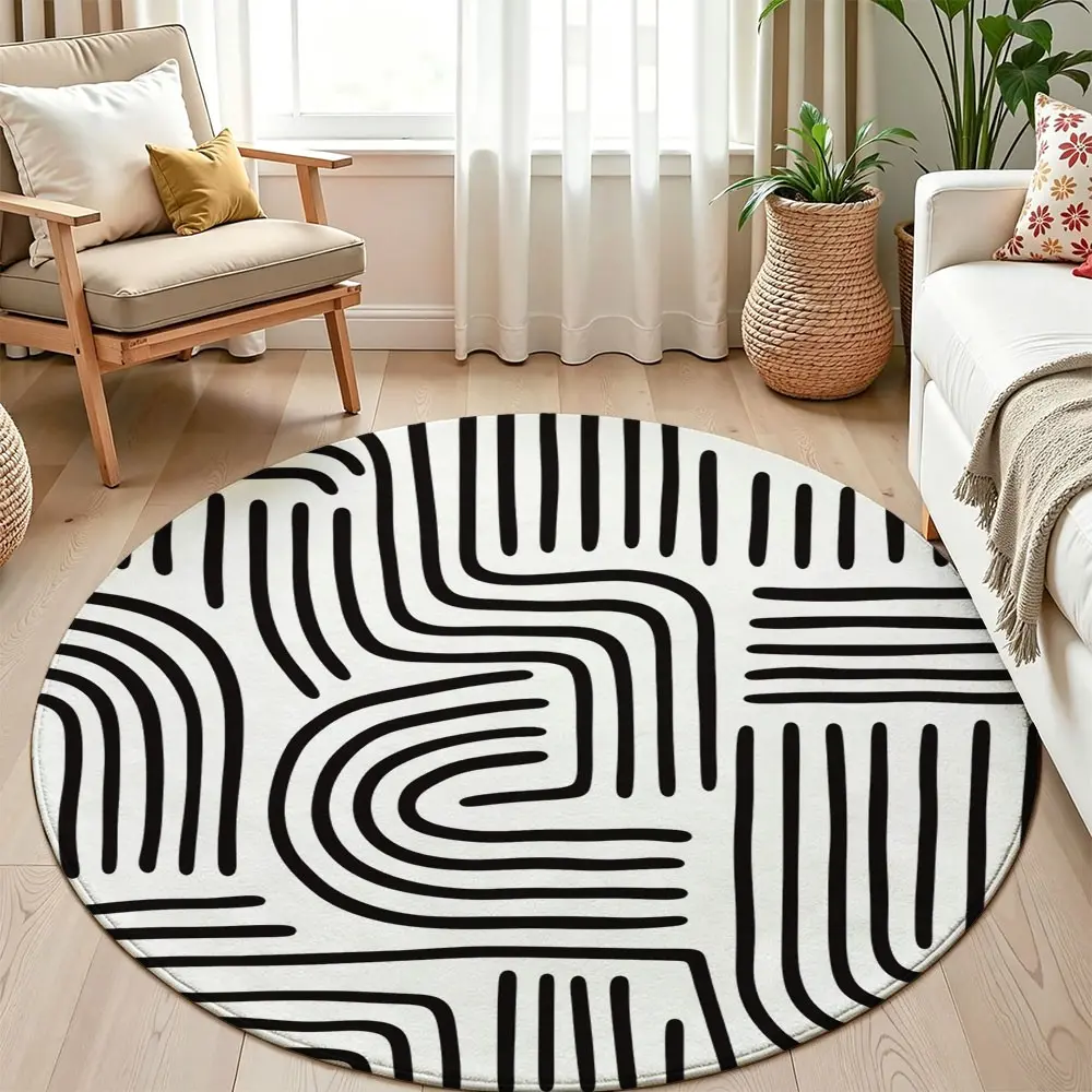 Circular Rug 4 Feet, Washable Modern Medieval Abstract Striped Round Rug, Non-Slip Office Chair Mat, Bedroom Living Room Floor Protector, Floor Rugs