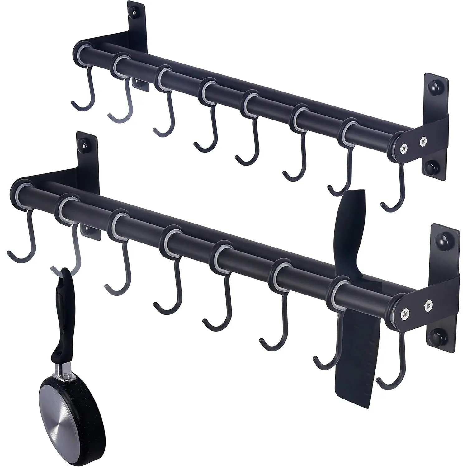 Pots and Pans Hanging Rack Rail with 8 Hooks, Double Bars, Wall Mounted Pot Hangers for Kitchen, Black, Pack of 2