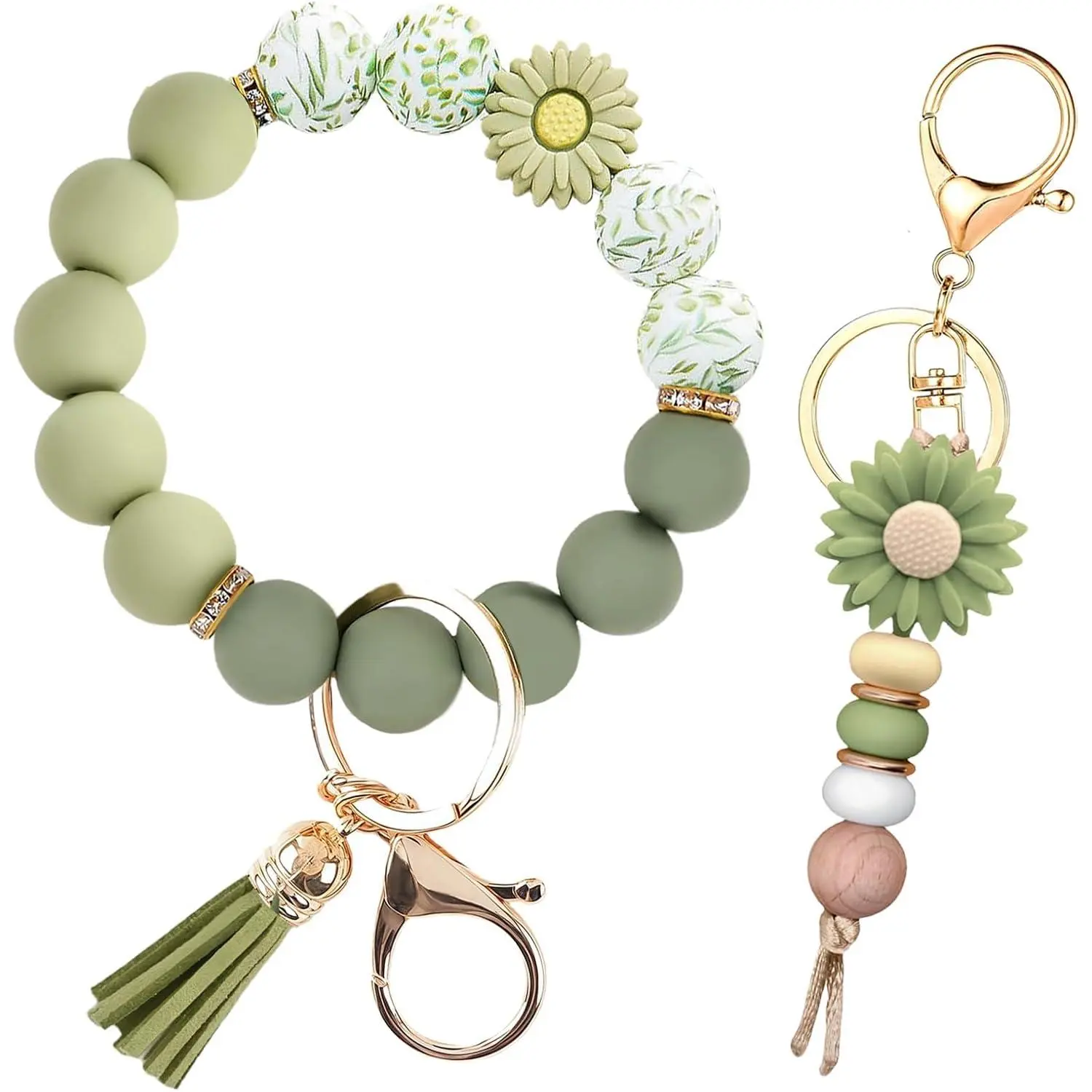 2PCS Bracelet Key Ring Set, Cute Car Key chain Wristlet, Silicone Beaded Bangle keyChains for Women Girls