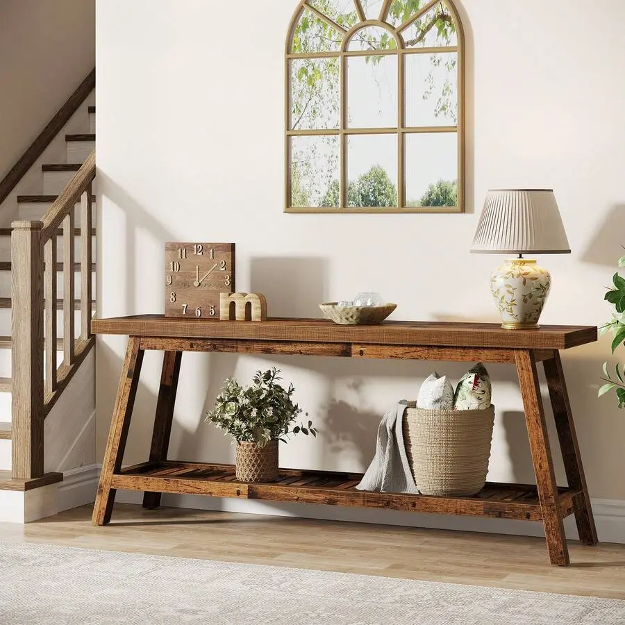 70.86-Inch Console Table Entyrway, Farmhouse 2-Tier Entry Entrance Table, Narrow Long Sofa Table Behind Couch, Mixed Brown