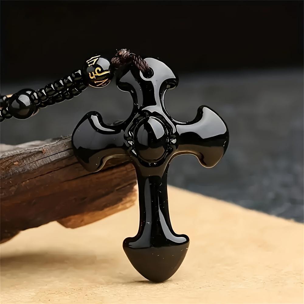 1 Piece Obsidian Necklace Cross Lucky Amulet Protection Pendant, with Bead Chain Black Synthetic Gemstone Amulet Jewelry Gift, Suitable for Men and Women