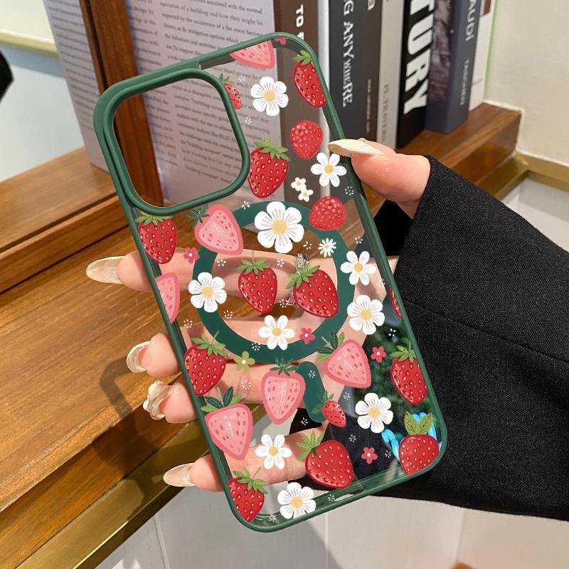 Strawberry Daisy Pattern Magnetic Phone Case Supports Wireless Charging for iPhone 17 15 16 14 Pro Max 13 12 11 XR XS Air Plus E Shockproof Non Slip Protection Silicone Transparent Acrylic Cover Cellphone Protective Smartphone Casing