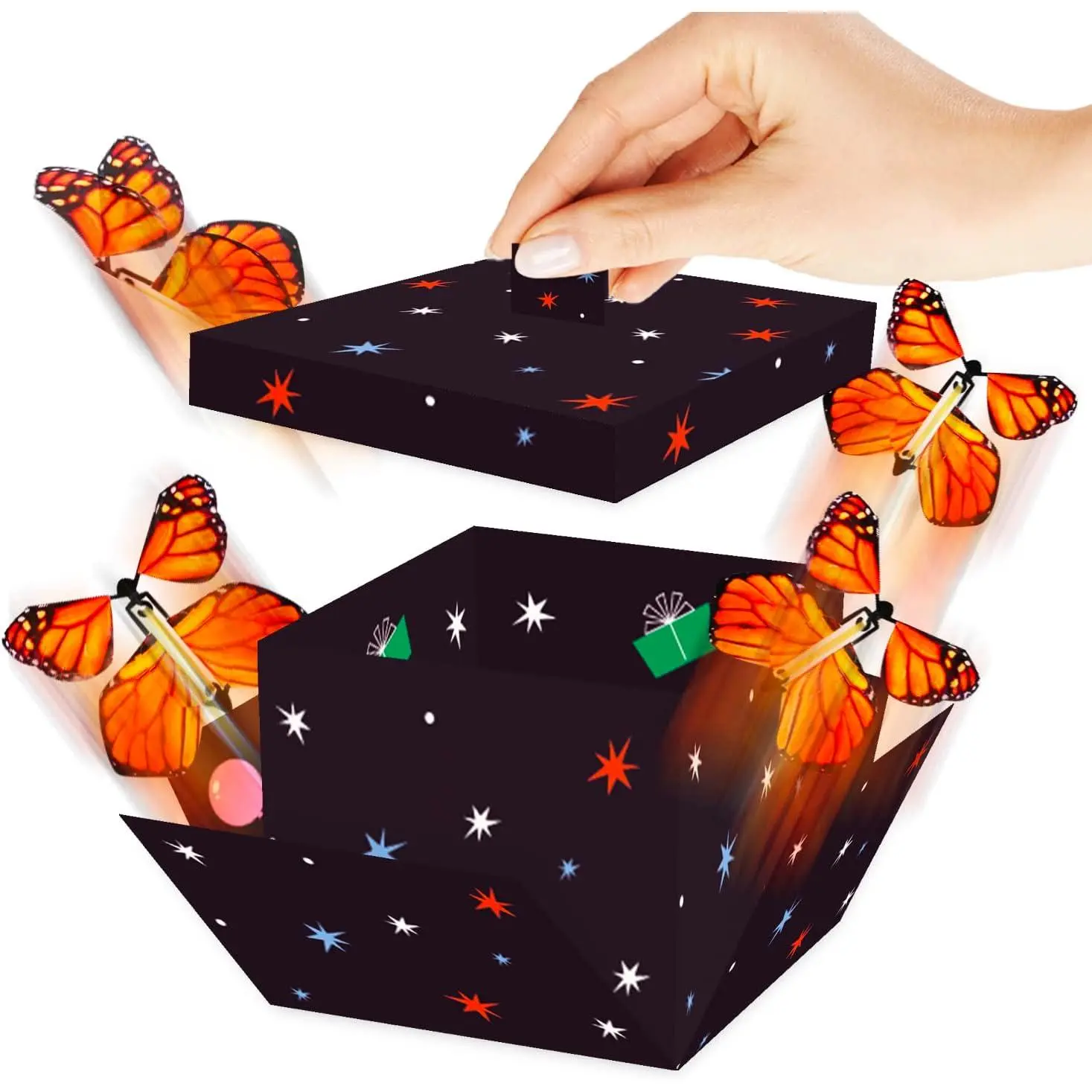 Black Stars Butterfly Explosion Box Kit - Birthday Surprise Explosion Box with Funny Pranks Flying Butterflies - Festive Party Supply