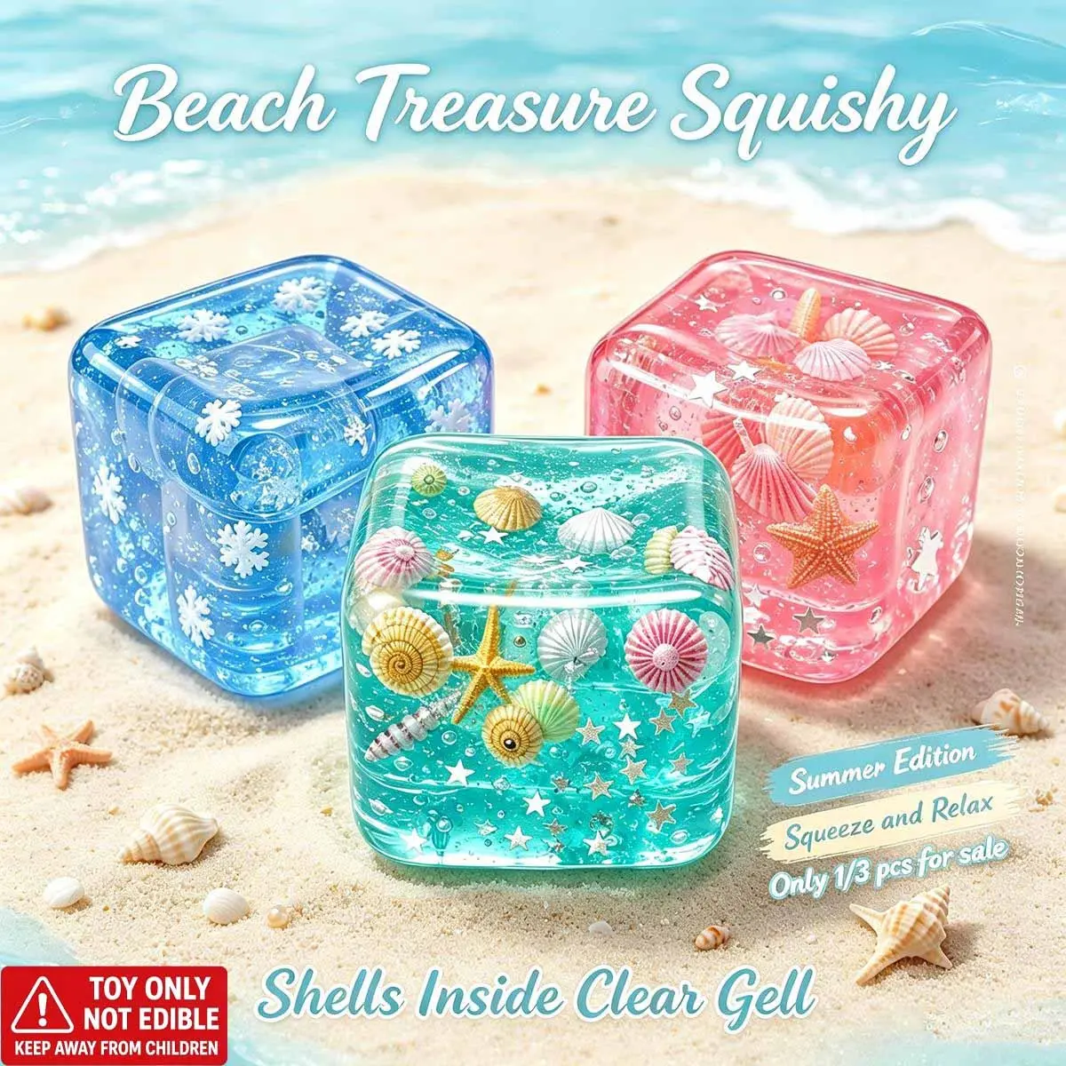 1/3pcs-Beach Treasure Clear Jelly Cube Stress Relief Squishy Toys, Transparent Glitter Sea Shell Starfish Filled Squeeze Fidgets, Summer Ocean Themed Sensory Decompression Hand Toys for Anxiety & Tension Relief, Sparkly Squishies