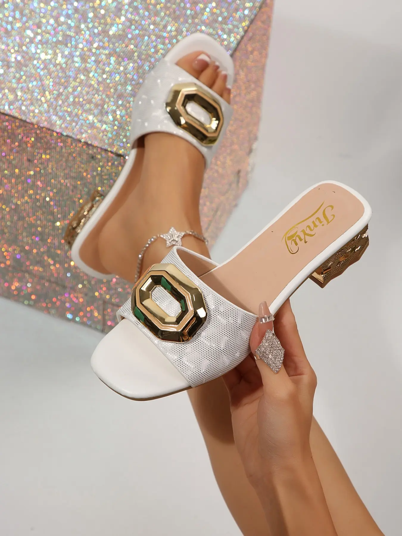 Women Square Open Toe Slide Sandals, Metal Buckle Decor Block Heel Mules, Summer Fashion Dress Party Slip on Sandals, Casual Sandals