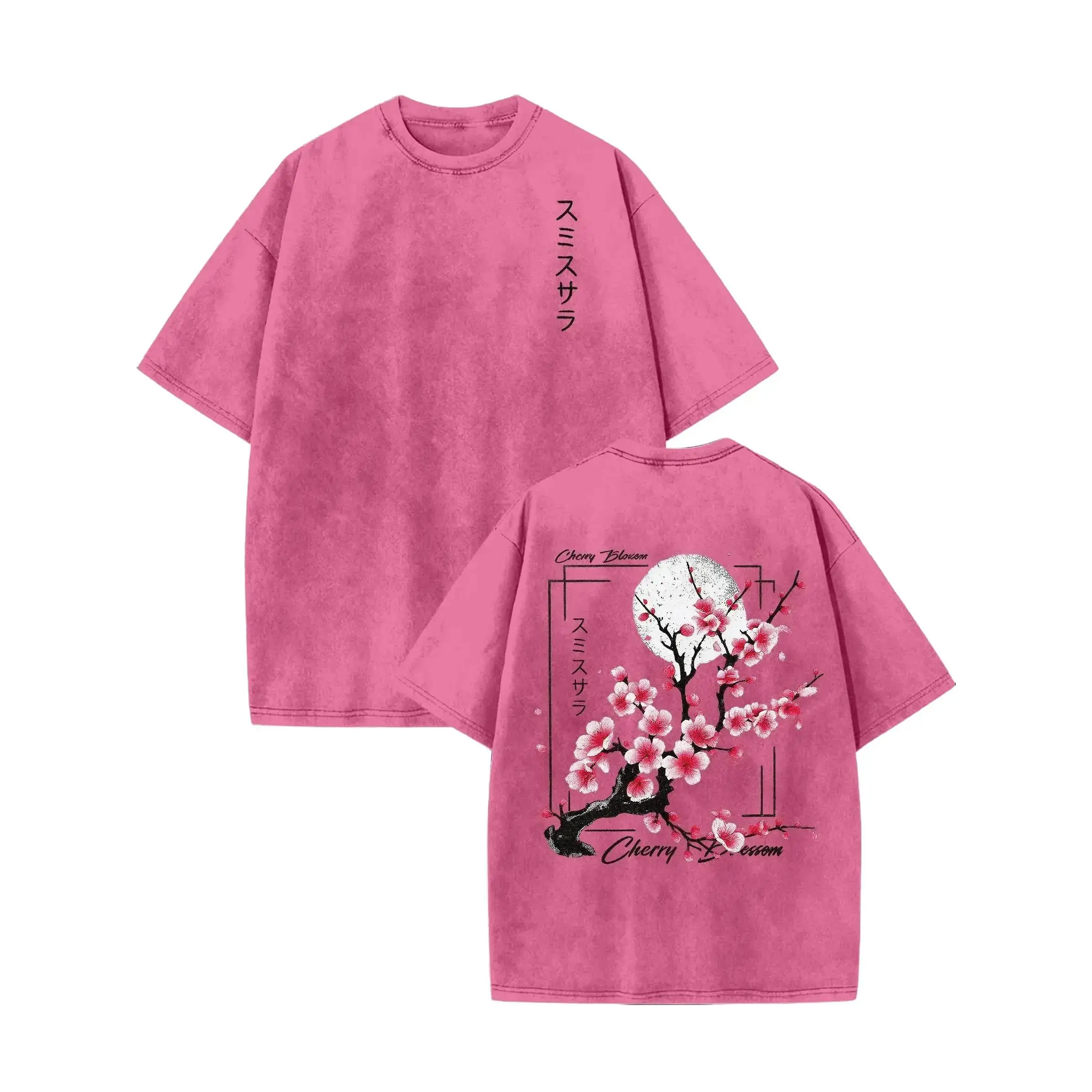 100% Washed Cotton Fabric Round Neck Short-Sleeve T-Shirt - Vintage Acid-Washed Print Top with Cherry Blossom & Japanese Lettering, Loose Knit Distressed Casual Summer Unisex Wear, Teen Boy Gift Menswear