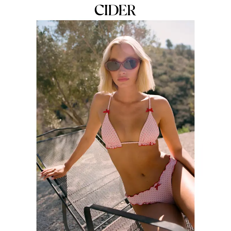 Cider V-neck Polka Dot Lettuce Trim Bowknot Halter Bikini Set