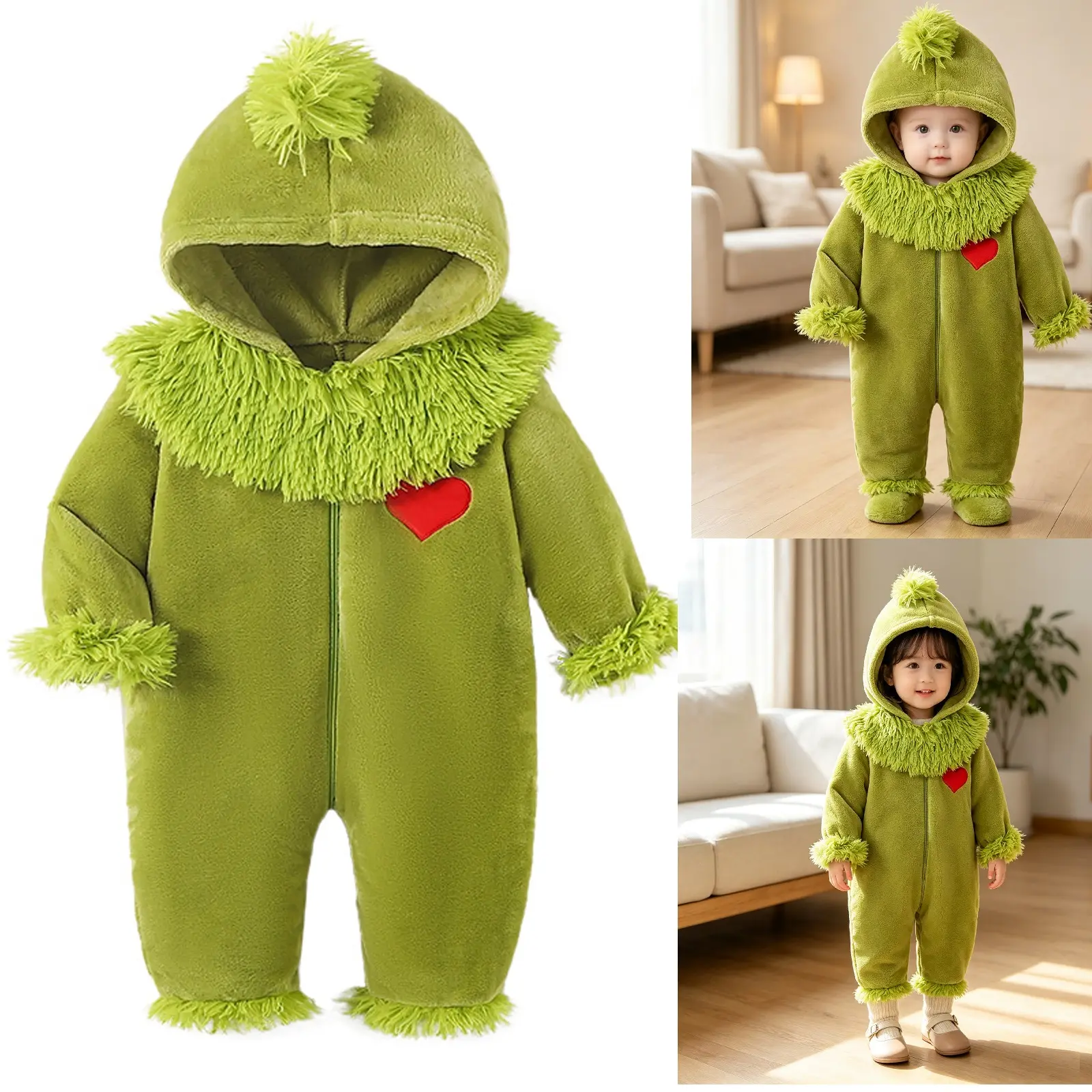 Toddler Newborn Christmas  Halloween Costume, Soft Plush Fleece Hooded Romper, Long Sleeve Green Monster Heart Patch Jumpsuit Xmas Holiday Outfit