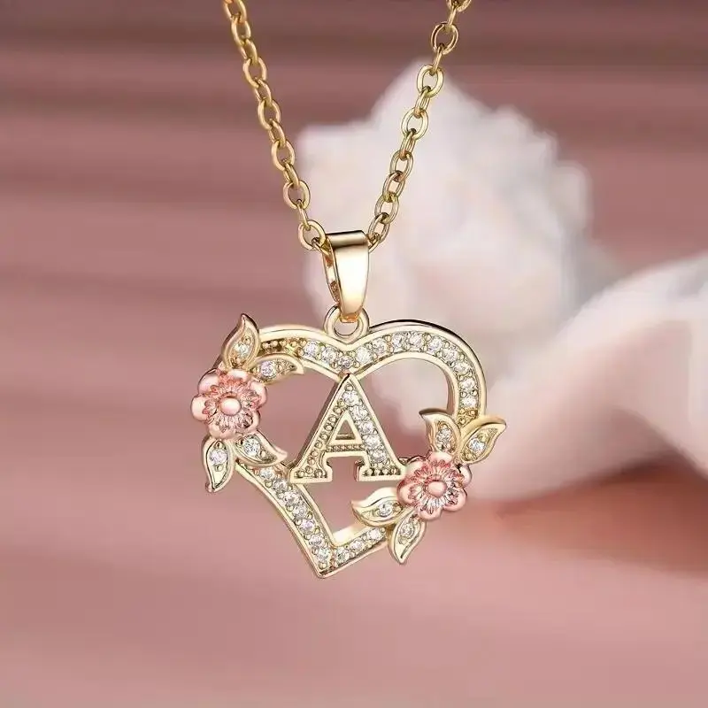 1pcs Personalized A-Z Initial Heart Pendant Necklace - Rose Gold Floral Alphabet Charm With Elegant Cubic Zirconia Crystal, Sparkling Rhinestone Monogram Jewelry, Romantic Anniversary Or Birthday Gift For Women And Girlfriend