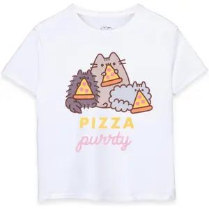 Pusheen Girls Short-Sleeve T-Shirt| Variety of Adorable Designs| Authentic The Cat Merchandise Pusheen "Pizza Purty" Cat Trio Graphic Tee Girls' Cute Kawaii Short Sleeve Crew Neck Casual Top