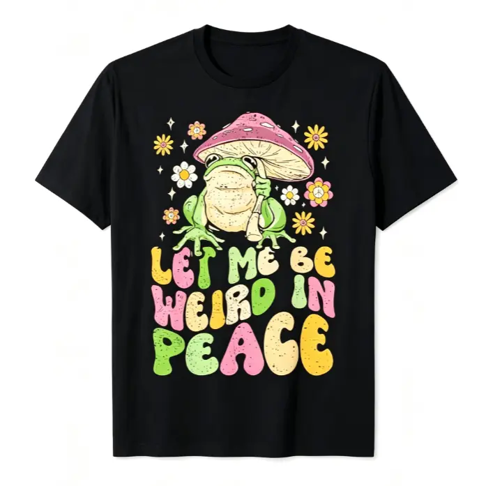 Let Me Be Weird In Peace Colorful Mushroom Frog Flower Retro Cartoon Graphic Short Sleeve T-Shirt, Unisex Summer Vacation Back To School Cottagecore Casual Tops, 100% Pure Cotton Printed Craft Summervibes Tee, Soft Breathable Relaxed Fit everyday outfits
