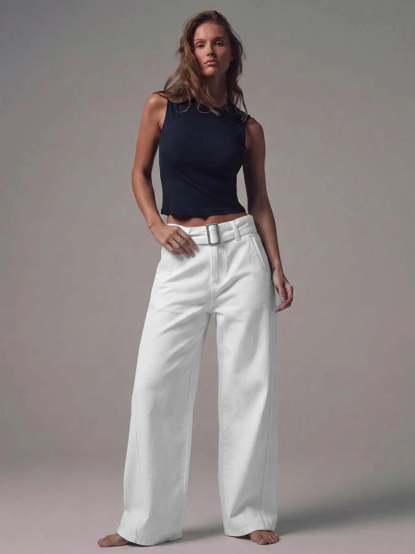 Washed Mid-Waist Wide Leg Baggy Jeans, Silver Color Button Decor, Casual Style, Suitable for Fall Winter, Night Out, School, Work Commute