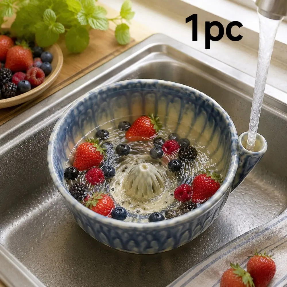 1pc Ceramic Fruit Washing Colander Bowl, Modern Rustic Retro Pottery Style Self Draining Vortex Water Circulation Basin with Funnel Spout for Berries Produce, Kitchen Sink Salad Strainer Food Prep Accessory Gift for Home