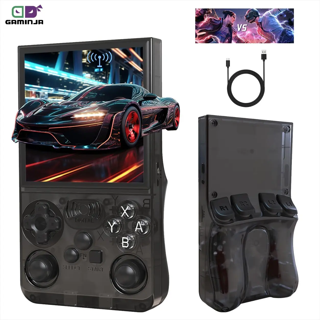 GAMINJA Online Handheld Game Console, 4-Inch HD Screen, 19+ Emulators, Online Battle & Game Download, 3500mAh Long Battery Life Rechargeable Charging, Retro Compact Portable Gaming Device, Cable