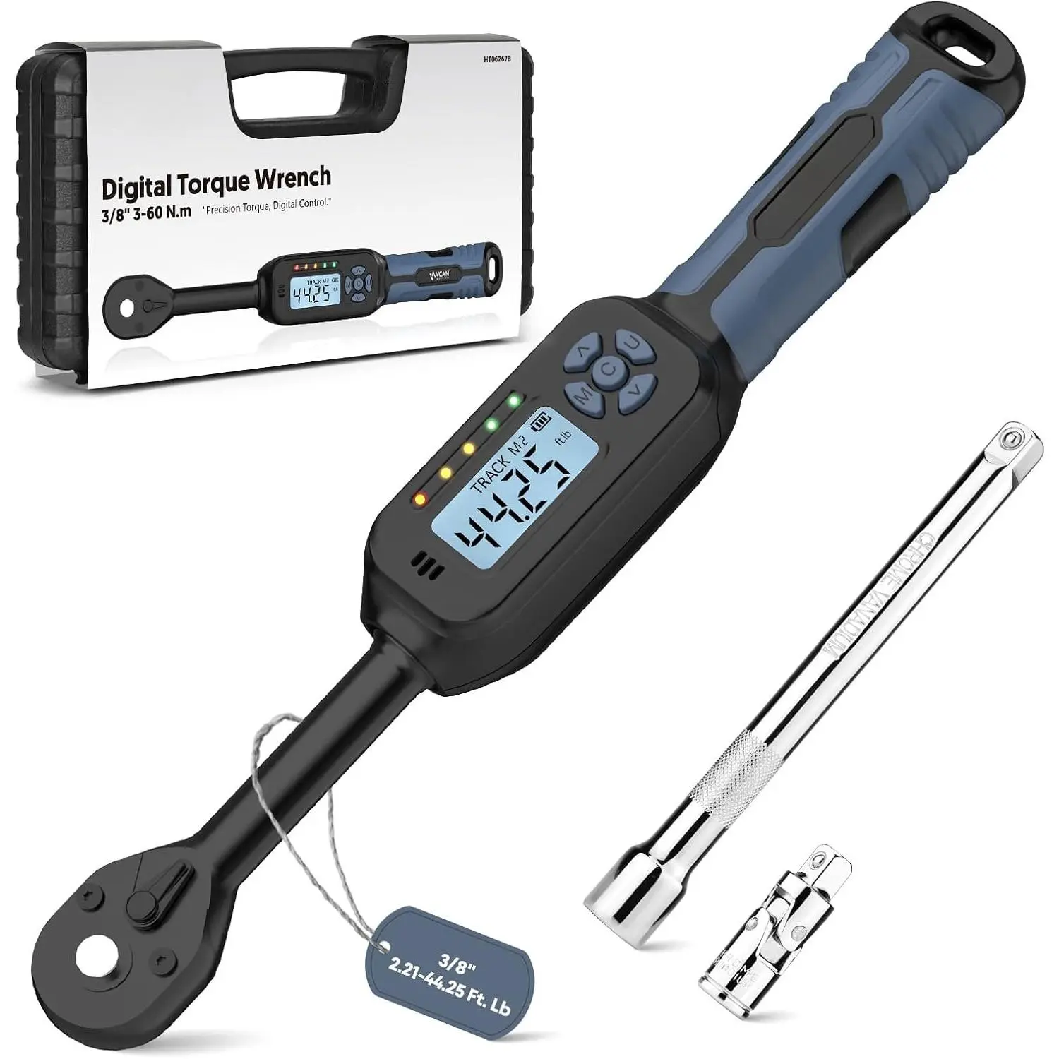 3/8 Torque Wrench Digital (2.21-44.25 Ft. Lb) ±2% High accuracy Digital Torque Wrench 3/8 Drive Ratchet with Buzzer&LED  Track Mode/ Joint&6" Xtension Bar for   Auto
