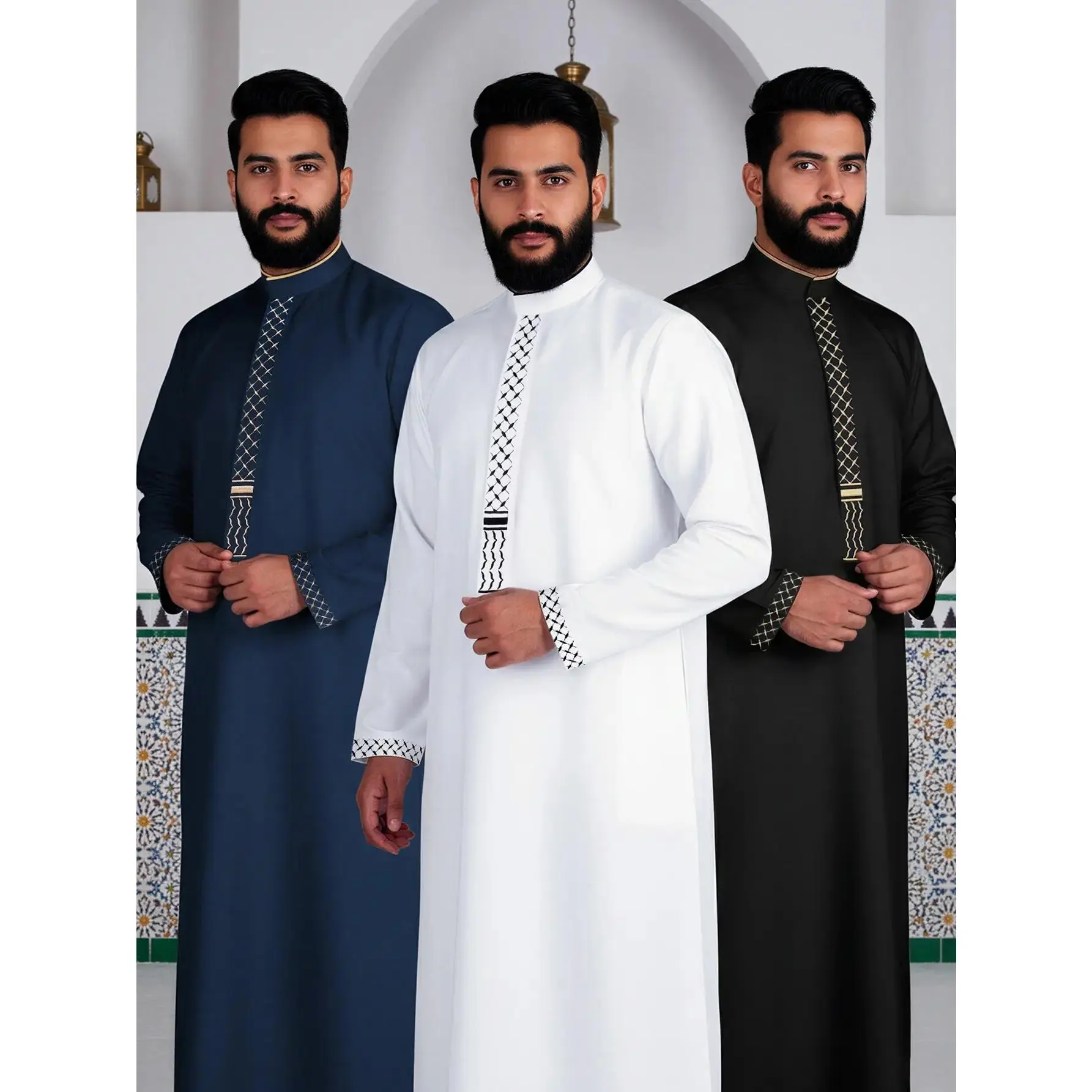 Men’s Modest Muslim Thobe, Lightweight Breathable Embroidery Arabic Robe, Long Sleeve Loose Fit Jubba for Daily Wear Ramadan Eid Casual Jubbah