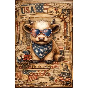 1 Pack 4th of July Cow Diamond Painting Kit with Tools Unframed DIY Crystal Art American Flag Patriotic Decor for Home Wall Decor Independence Day Crafts Gift for Adults Kids Room Decoration