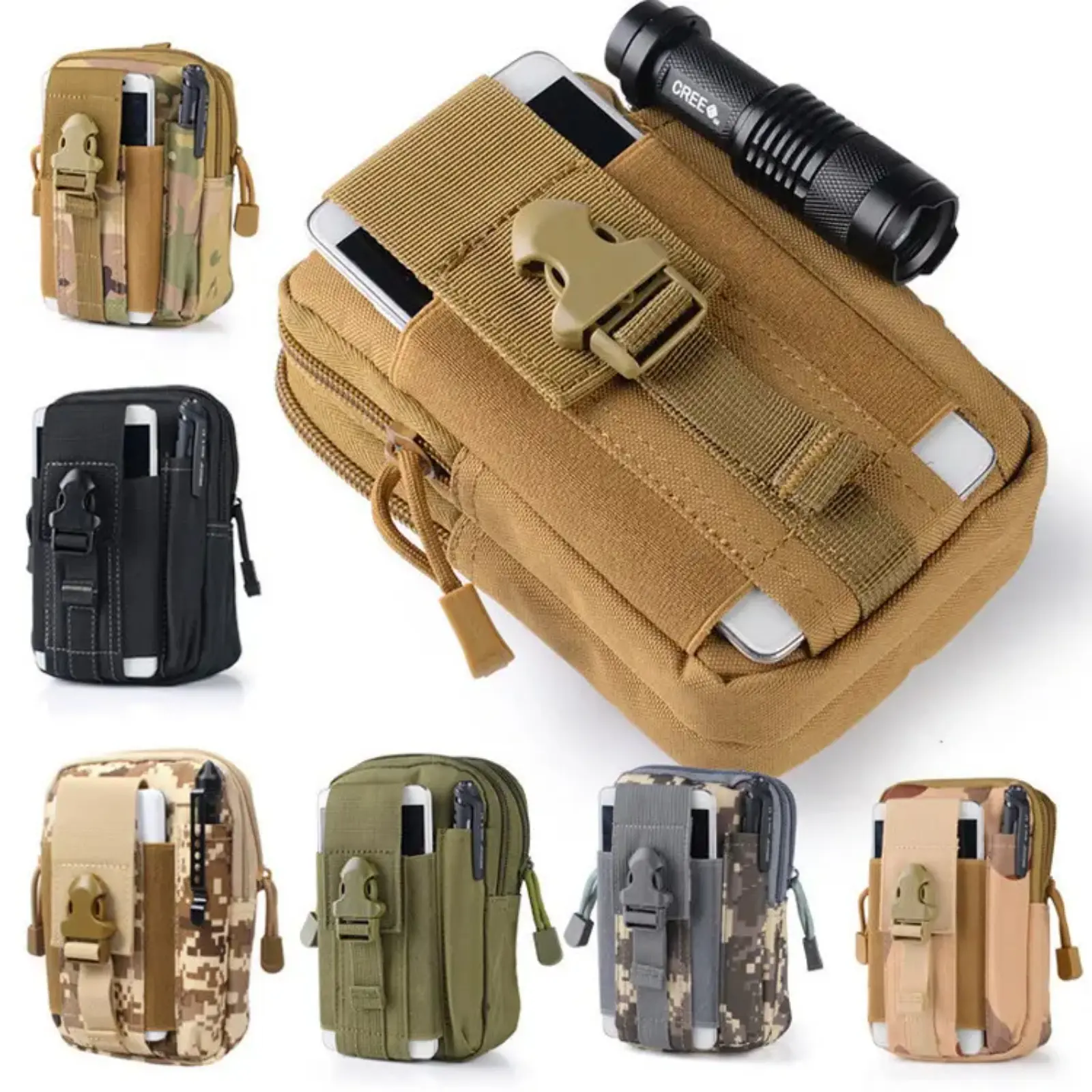 Compact Tactical Pouch for Men, 600D Nylon MOLLE Utility Waist Pack, Mountable Multi-Compartment Belt Bag with Buckle for Outdoors Hiking