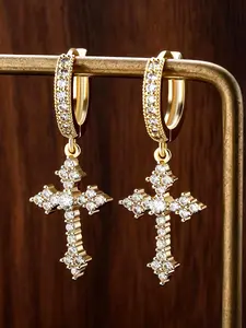 Cross Dangle Hoop Earrings, Iced Out Full Paved Zircon Earrings, Gold & Silver Tone, Unisex Statement Earrings, Hypoallergenic Lightweight Earrings for Sensitive Skin, Hip Hop Style for Men & Women, Perfect for Daily, Parties & Streetwear