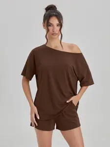 Women's Casual Solid Color Sloping Shoulder Short Sleeve Top & Shorts Co-ord, Breathable Skin-Friendly Loose Two Piece Sets, Durable Anti-Pilling Daily Outfit Pockets