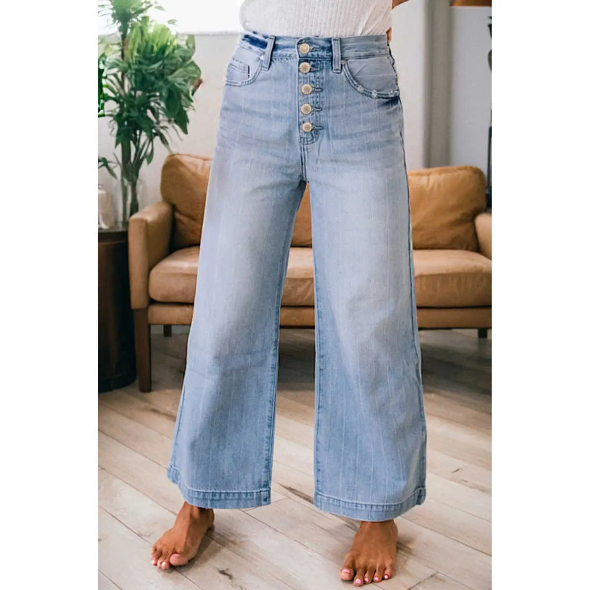 Lady's High-Waist Pinstripe Baggy Wide-Leg Denim Pants - Multi-Button Closure, Comfortable Chic Casual Loose-Fit Style Apparel for Everyday Wear
