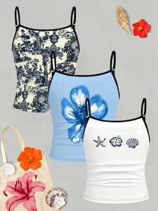 3-Piece Girls' Summer Beach Tank Set, Breathable, Lightweight, Blue Jasmine, Starfish Shell, Vintage Farm Print, Thin Straps Vest, Casual & Vacation Wear, Fitted
