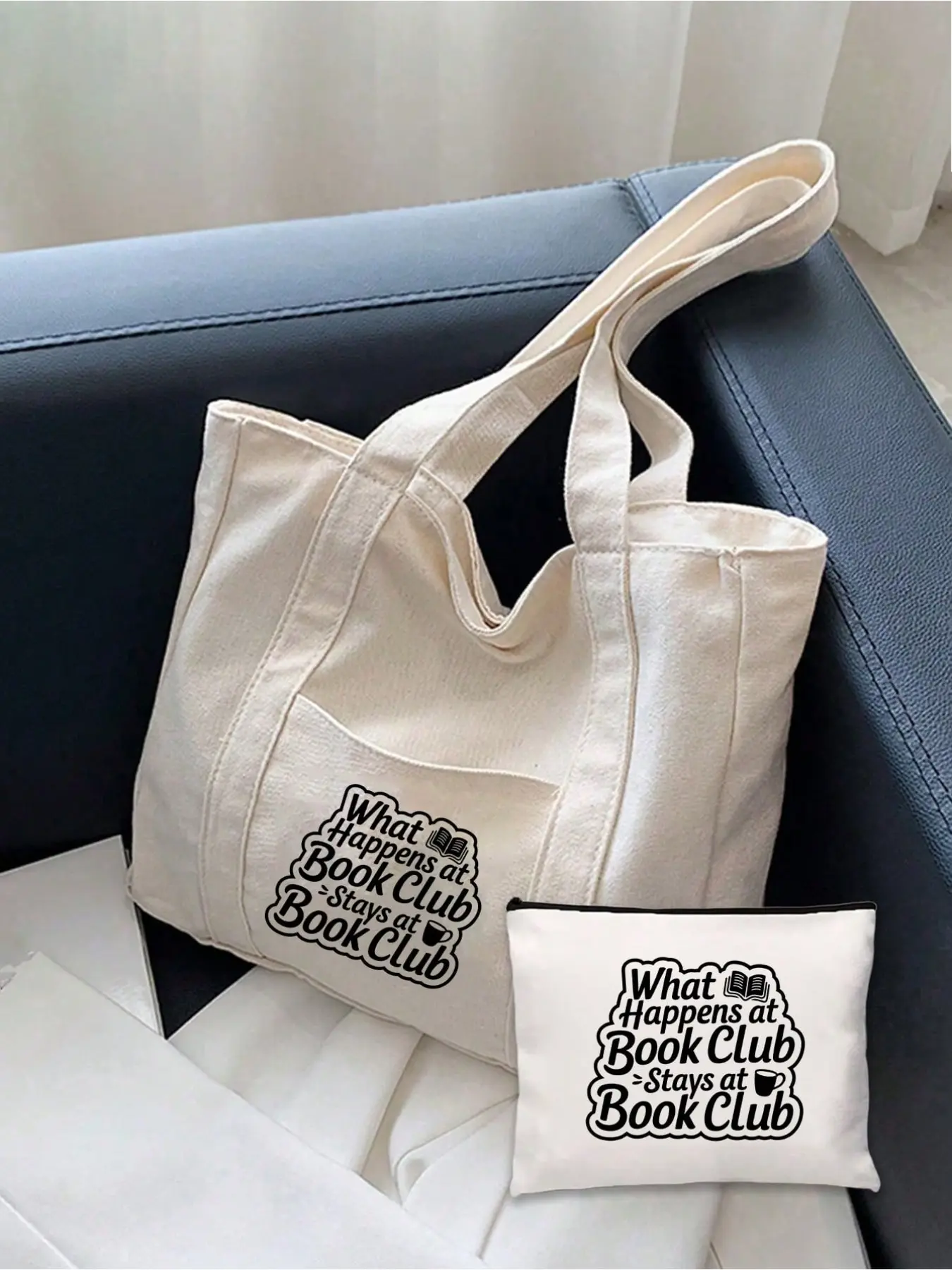 Reading Club-themed Canvas Tote Bag Set, "What Happens in the Reading Club" Printed Shopping Bag, comes with a matching storage bag, is the ideal choice for book lovers, can be used to carry books, essentials, and gifts, suitable for women