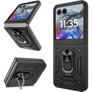 Heavy Duty Shockproof Cases for Samsung Galaxy Z Fold 3/4/5/6/7, Z Flip 3/4/5/6/7 & Motorola Razr 40/40 Ultra/50/50 Ultra/60 Ultra – With Metal Stand/Kickstand, Slide Camera Cover [Military Grade Drop Tested] Phone Protector Black, Accessories, Smartphone