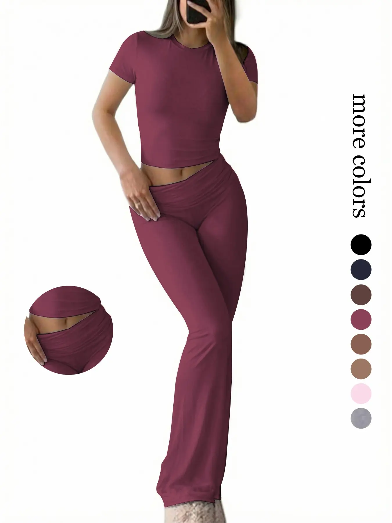 Women Crew Neck Short Sleeve Slim Fit Crop Top & Ruched High Waist Flare Leg Pants, Soft Stretch Casual Sleepwear Set, 2 Piece Loungewear