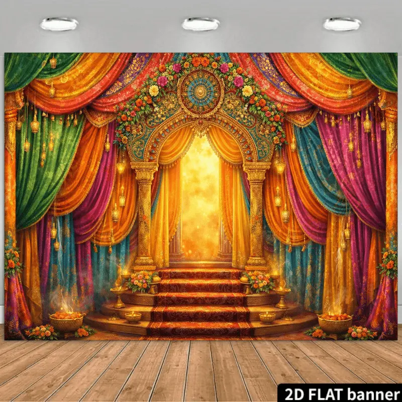 Indian Diwali Festival Polyester Backdrop - Cozy Bollywood Theme Hanging Decoration, Colorful Golden Lantern Party Banner, Boho Ethnic Room Wall Tapestry