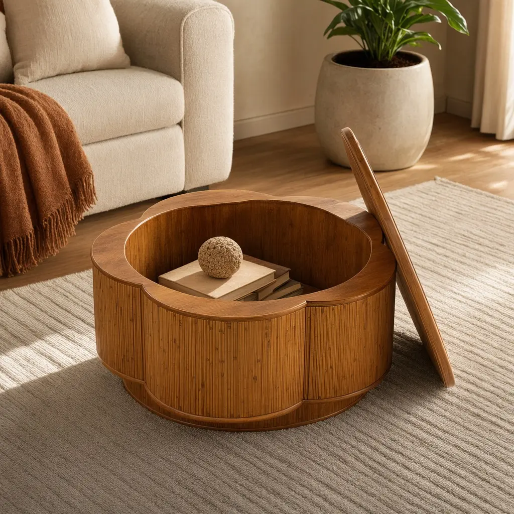 Boho-Chic Flower-Shaped Rattan Coffee Table with Lift-Off Storage Lid, 31.5" Round, Natural Wood, No Assembly Required