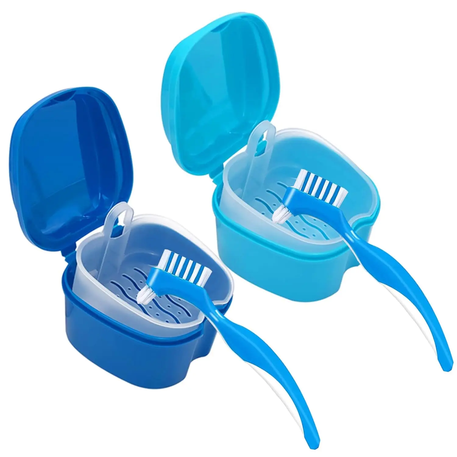 Denture Cleaner Box and Brush Set 2 Pack Portable Denture Bath Case with Basket 2 Pack Denture Brushes Denture Retainer Storage Box False Teeth Brushes for Oral Care