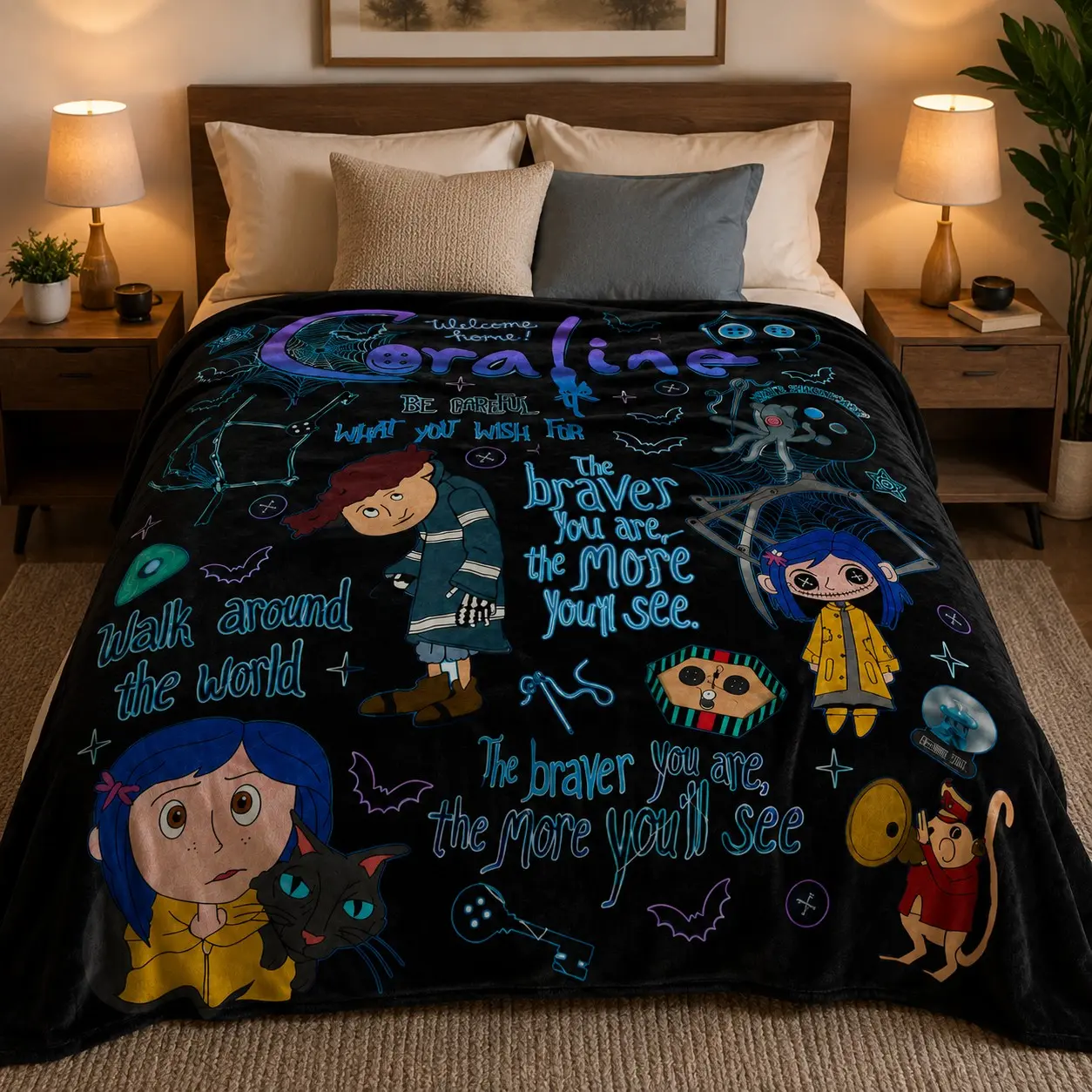 Black Coraline Themed Flannel Fleece Throw Blanket, Button Eyes Caroline Bat Spider Web Gothic Cartoon Print, Soft Warm Cozy Blanket for Sofa Bed Couch, Halloween Party Home Decor Nap Throw, Dark Fantasy Anime Fans Gift Blanket