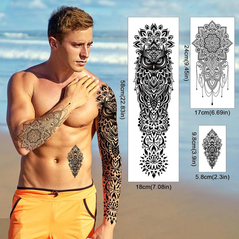 48 Waterproof Temporary Tattoos For Adult, Mandala Vintage Black Lotus Temporary Tattoos for Men Women, Mandala Full Arm Fake Tattoo Bohemia Flower Fake Arm Tattoos for Boys Girls