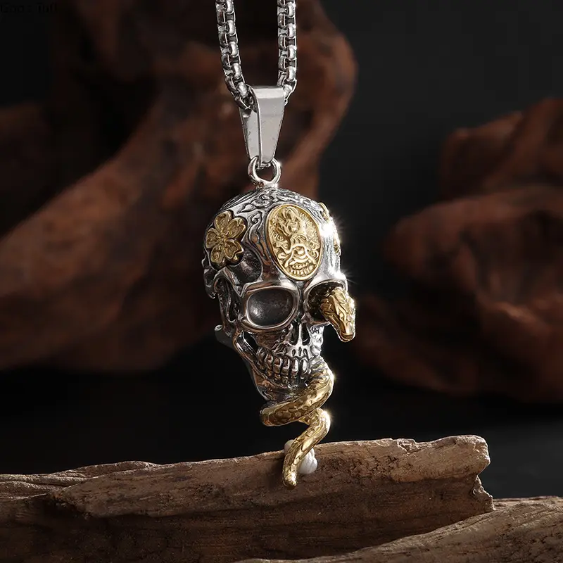 Snake-Wrapped Skull Pendant Necklace, Dark Aesthetic Hip Hop Costume Jewelry, Unique Edgy Accessory for Streetwear & Night Casual Outfits