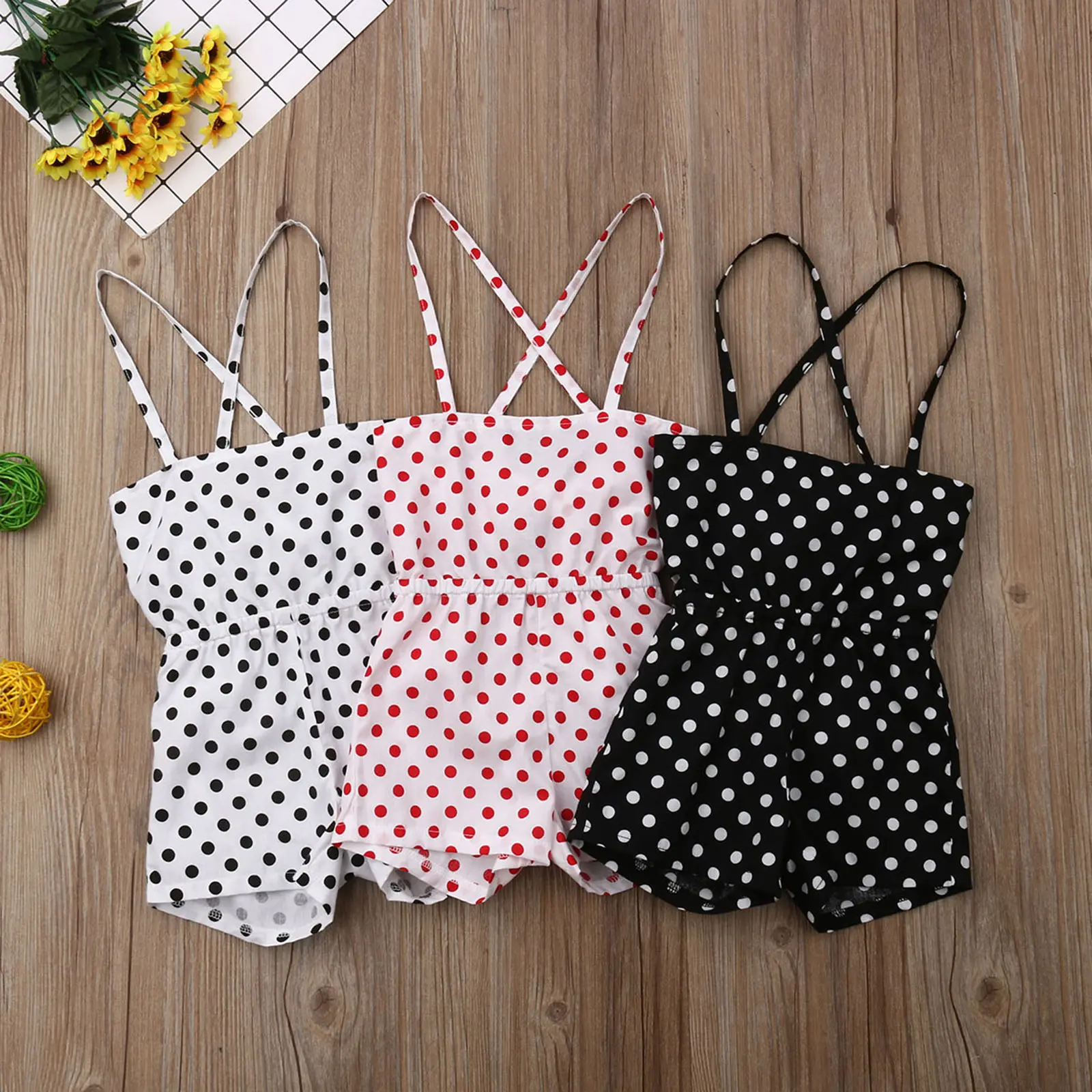Toddler Girl Summer Polka Dot Romper Criss Cross Spaghetti Strap Elastic Waist Short Jumpsuit Kids Casual Daily Outfit 6 Months to 6 Years