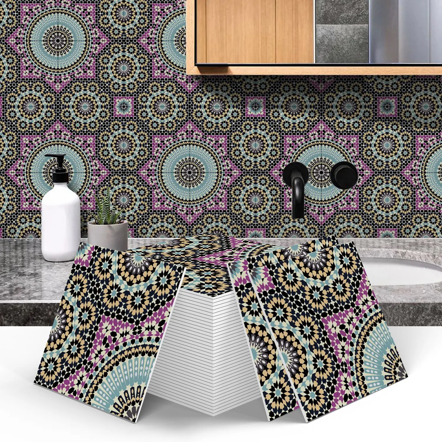 12PCS/24PCS ART PE Crystal Tile Stickers Gift Box, Purple‑Blue Vintage Mandala Self‑Adhesive Tiles, Peel and Stick Waterproof Oil‑Proof DIY Backsplash for Kitchen Bathroom Floor Tile Wood Home Decor