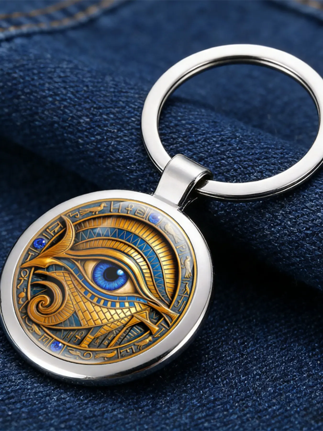 Ancient Egyptian Horus Eye Amulet Keychain, 2D Flat Pattern Shiny Metal Alloy Accessory, Ideal for Egyptology Enthusiasts, Bag Car Key Pendant, Collectible Gift